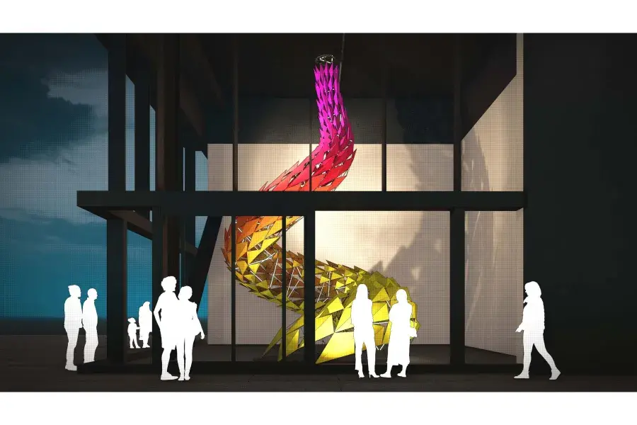 Art installation with scales in bright colors