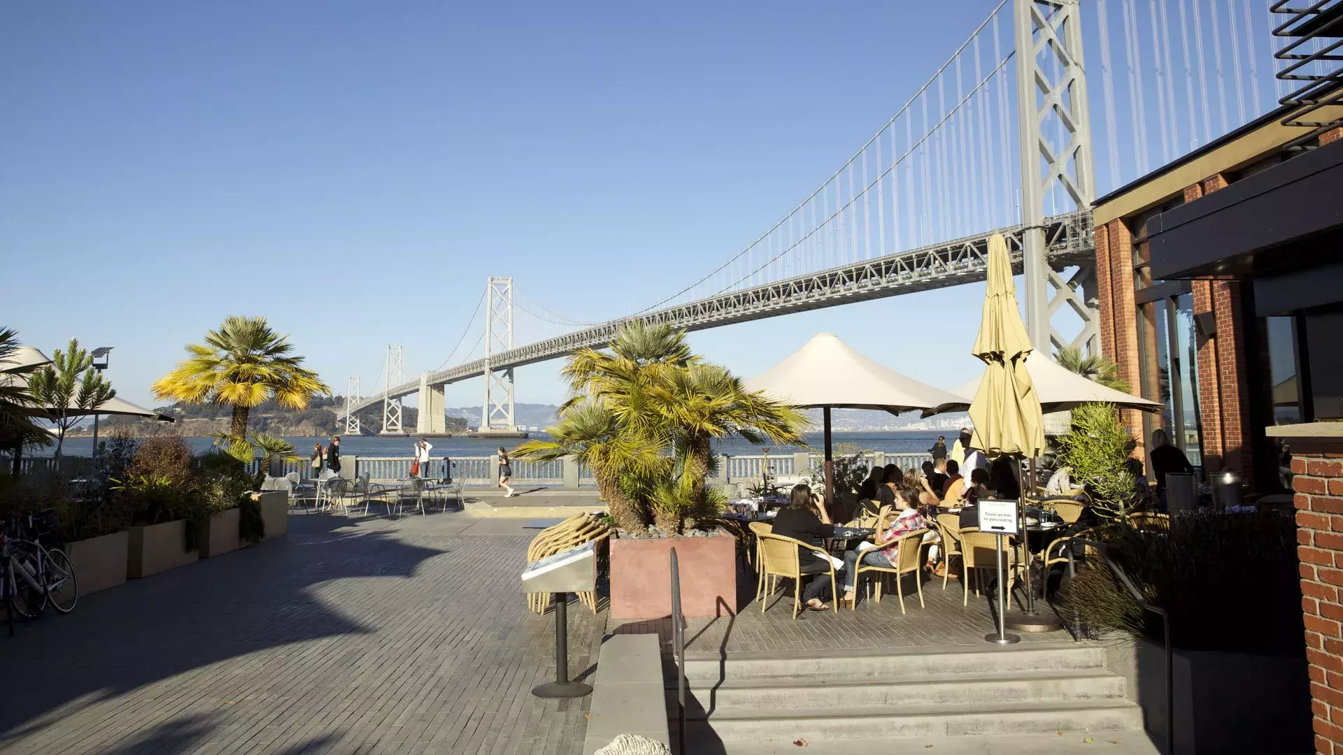 Diners enjoy a meal along the San Francisco waterfront.