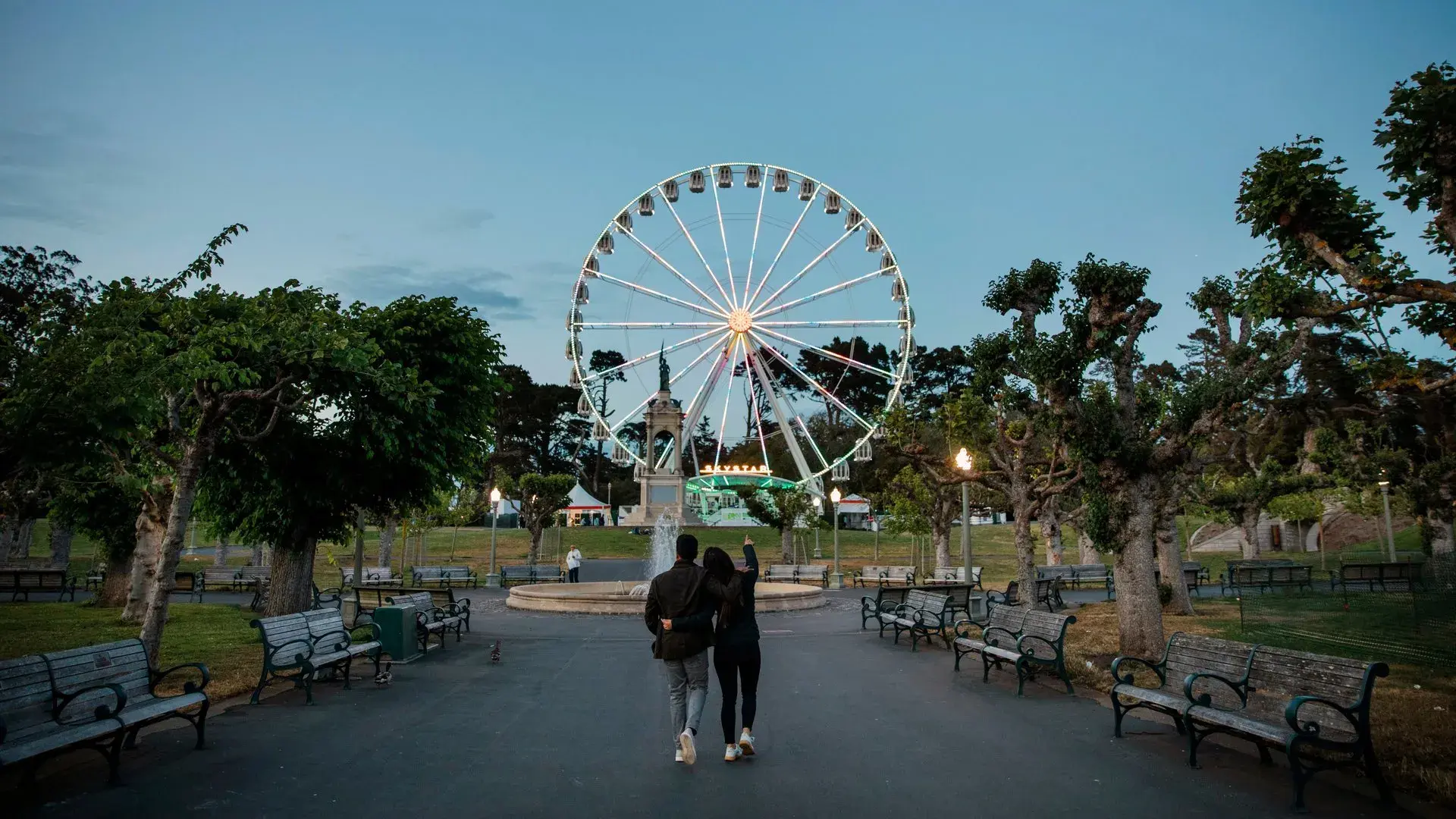 Walking around the Music Concourse in Golden Gate Park towards the Skystar Wheel