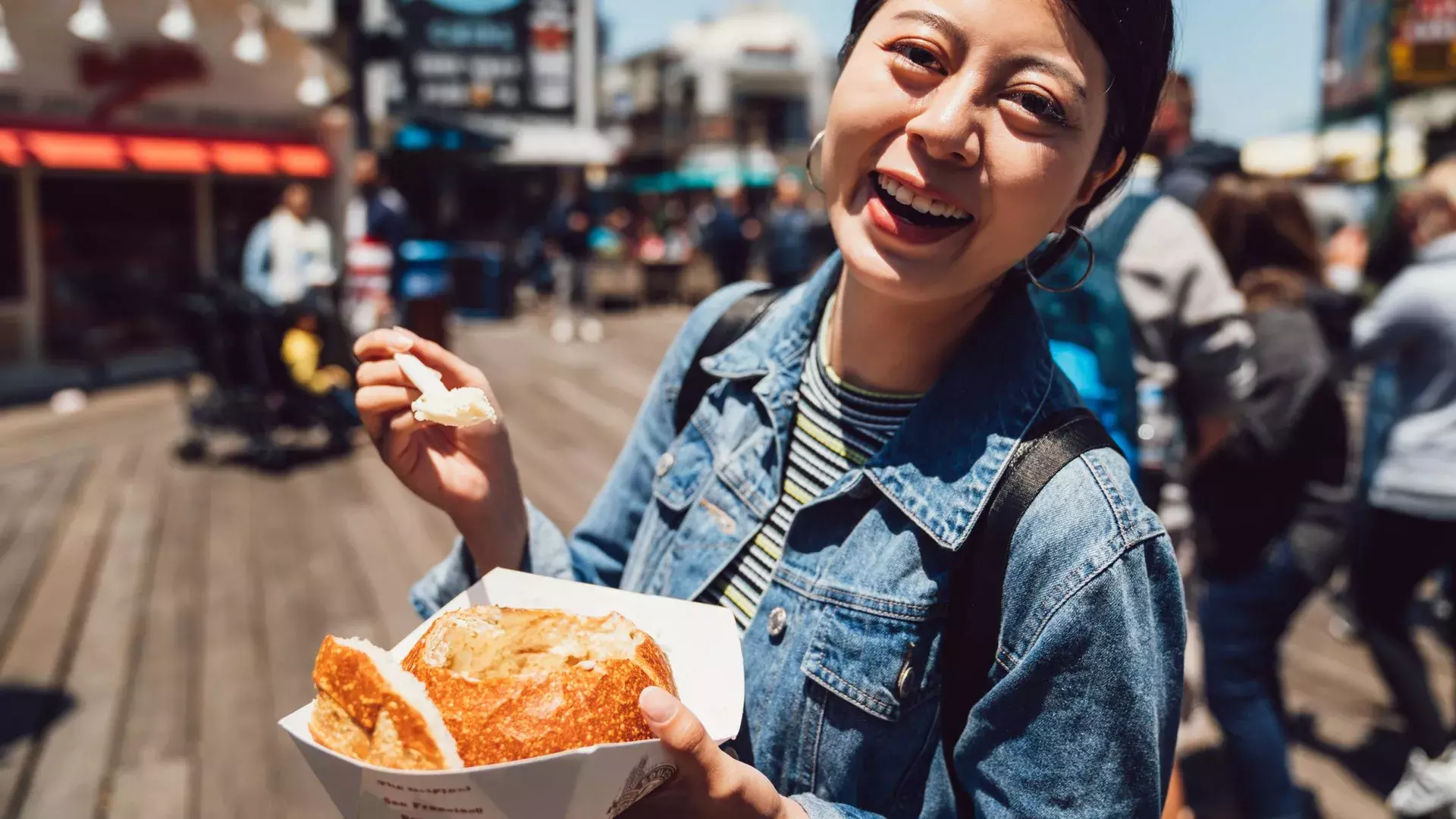 Woman with chowder at PIER 39