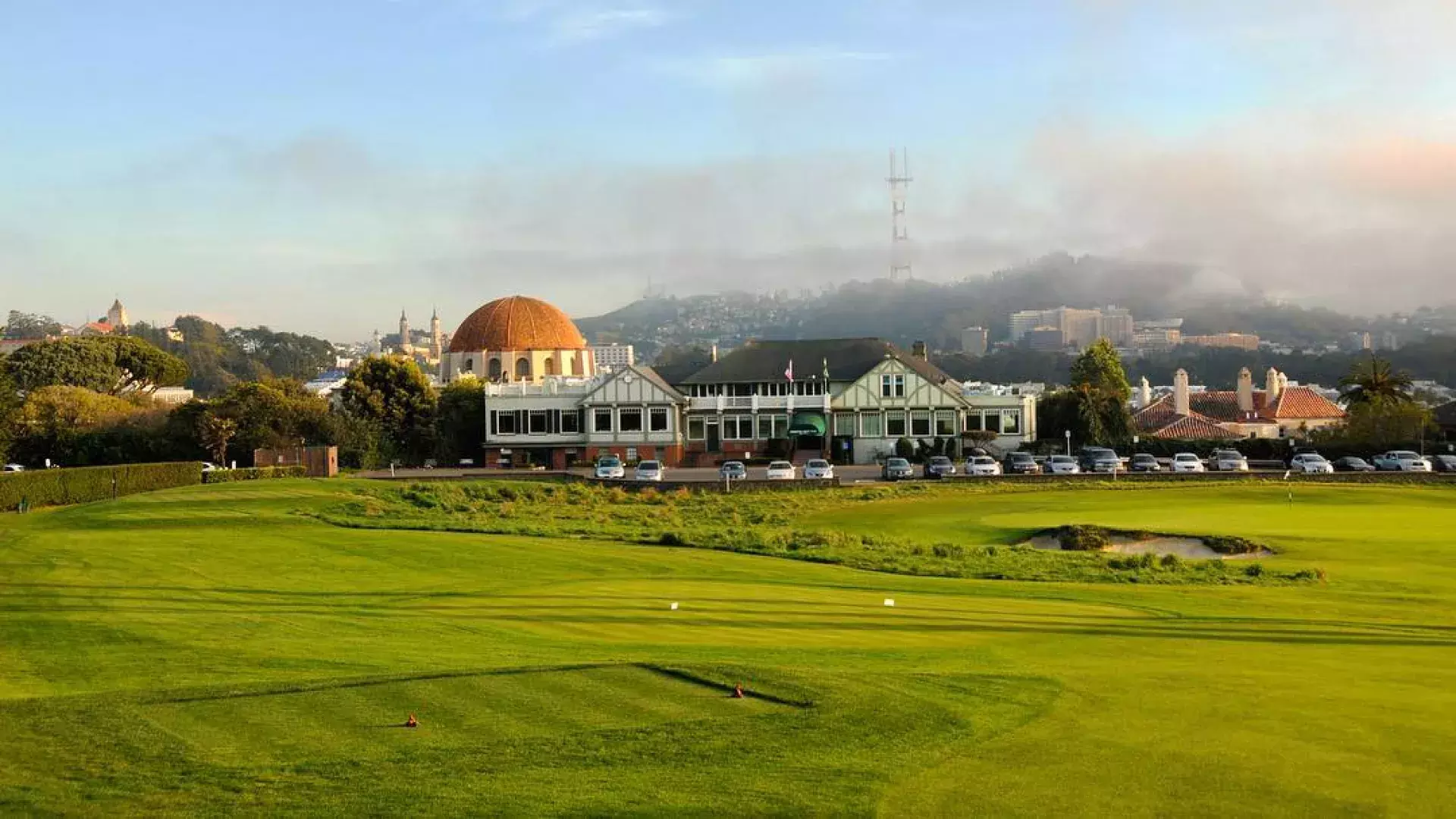 The greens of the Presidio Golf Course shine on a sunny San Francisco day.