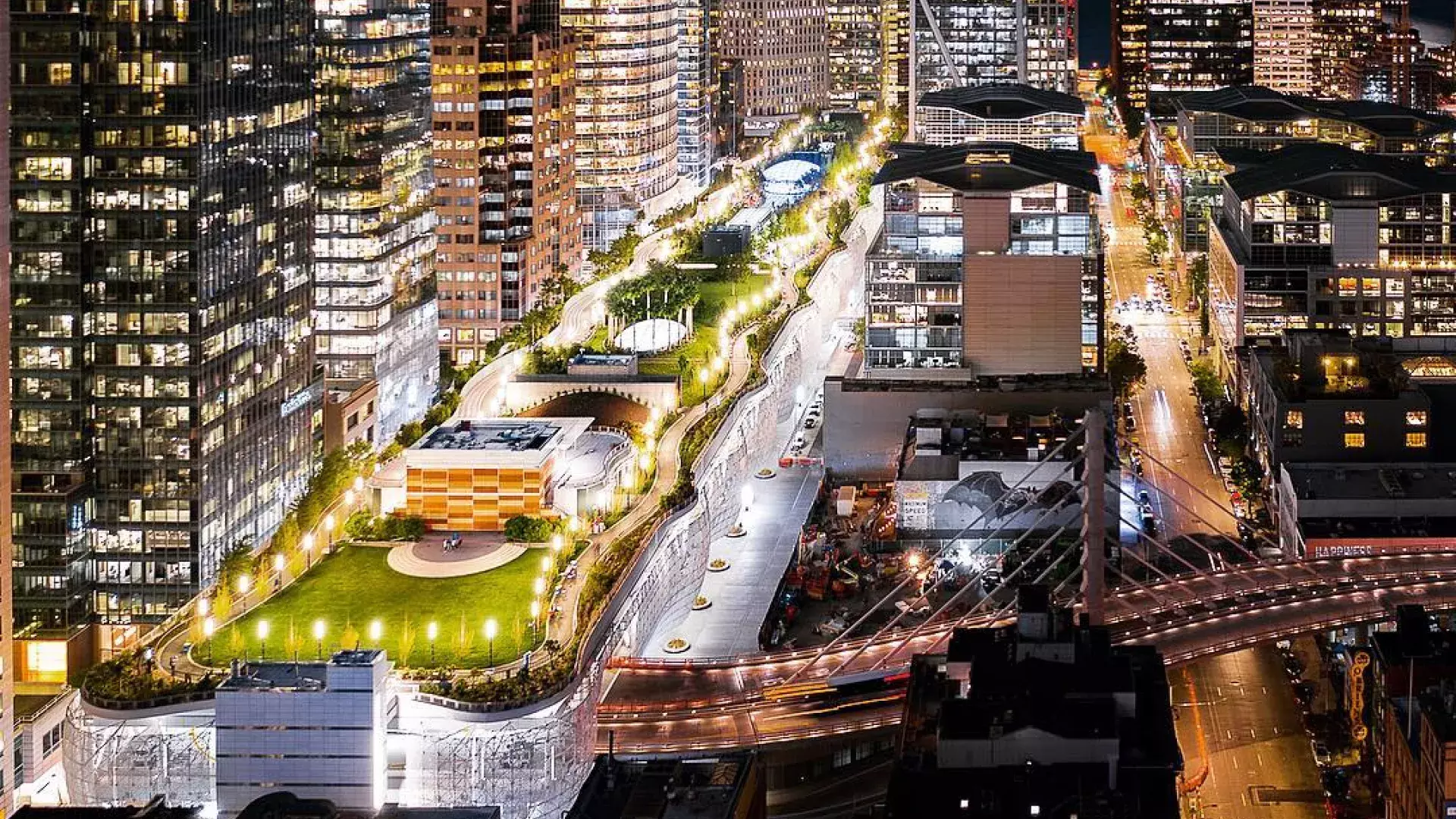 San Francisco's Salesforce Park lit up at night.