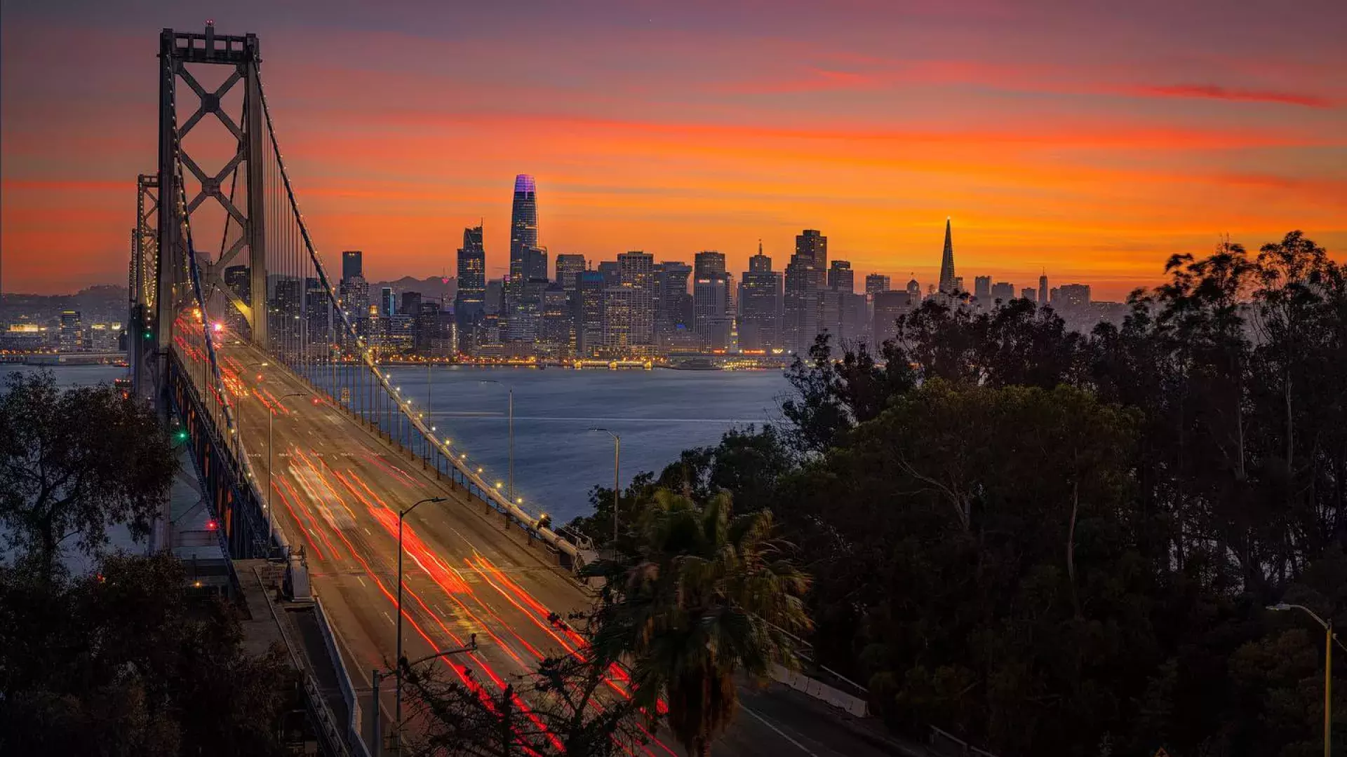 Sunset looking out over the Bay Brigde towards the SF skyline