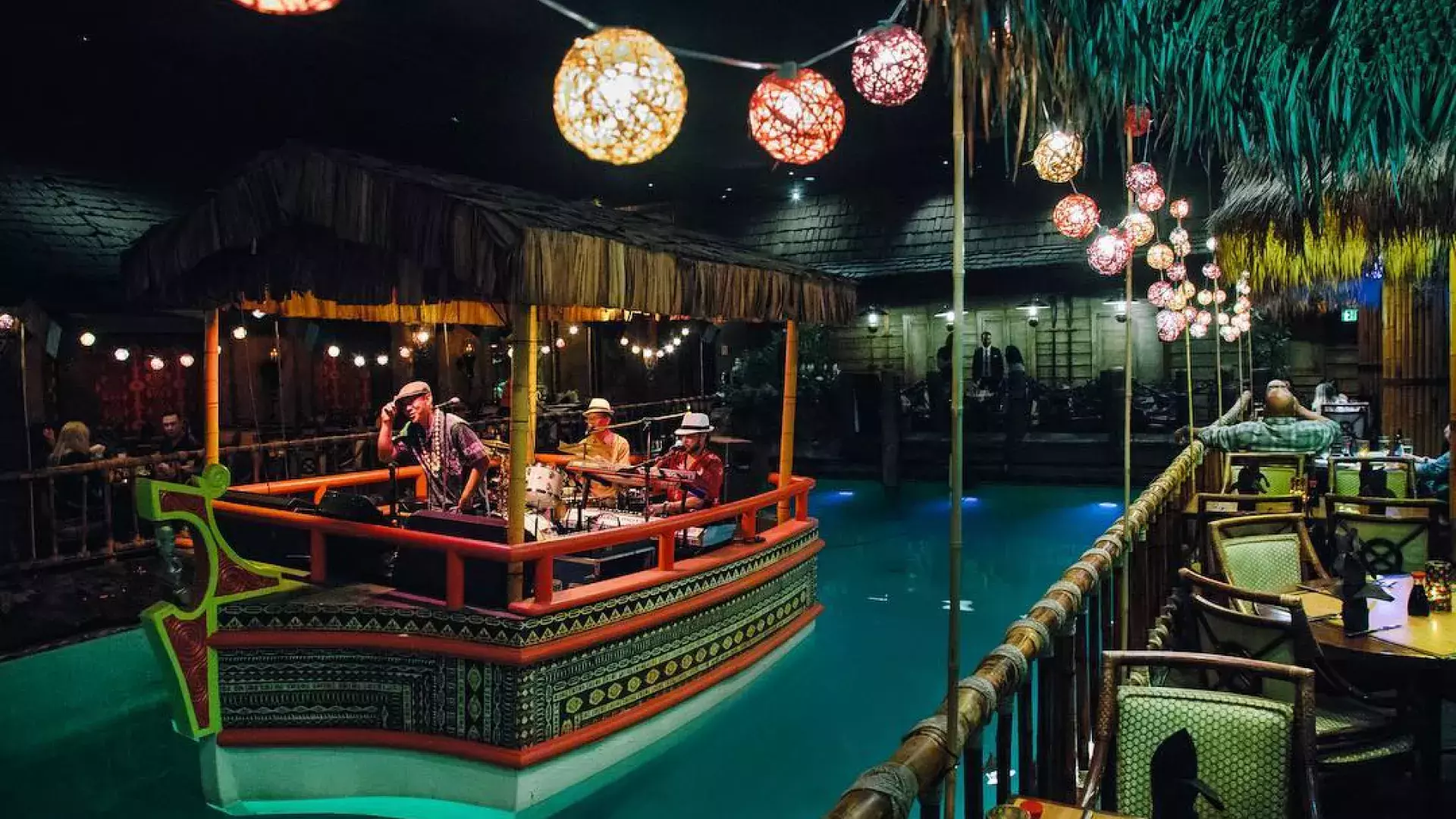 The house band plays in the lagoon of the world-famous Tonga Room at San Francisco's Fairmont Hotel.