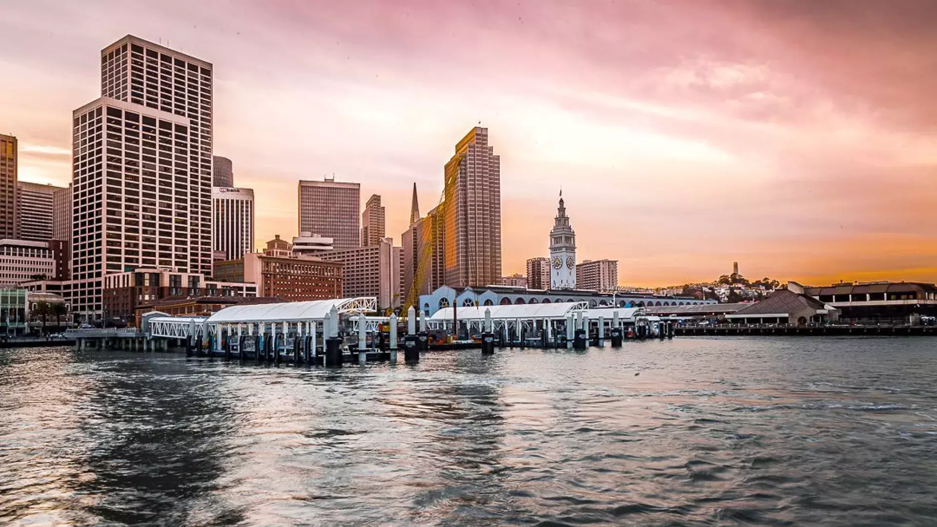 The Ferry Building at Sunset from the bay.