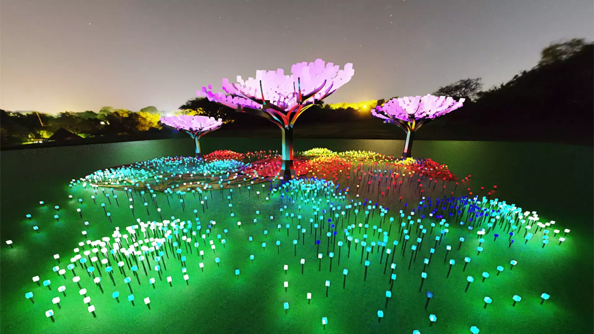 Large-scale flowers glow in multicolor lights at Entwined, an Illuminate SF exhibit.