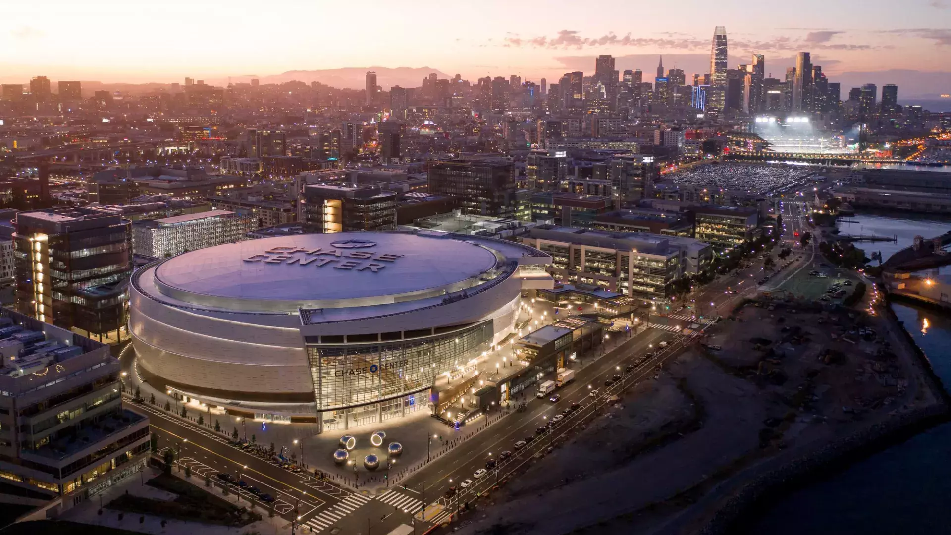 Aerial view of San Francisco's Chase Center at night.