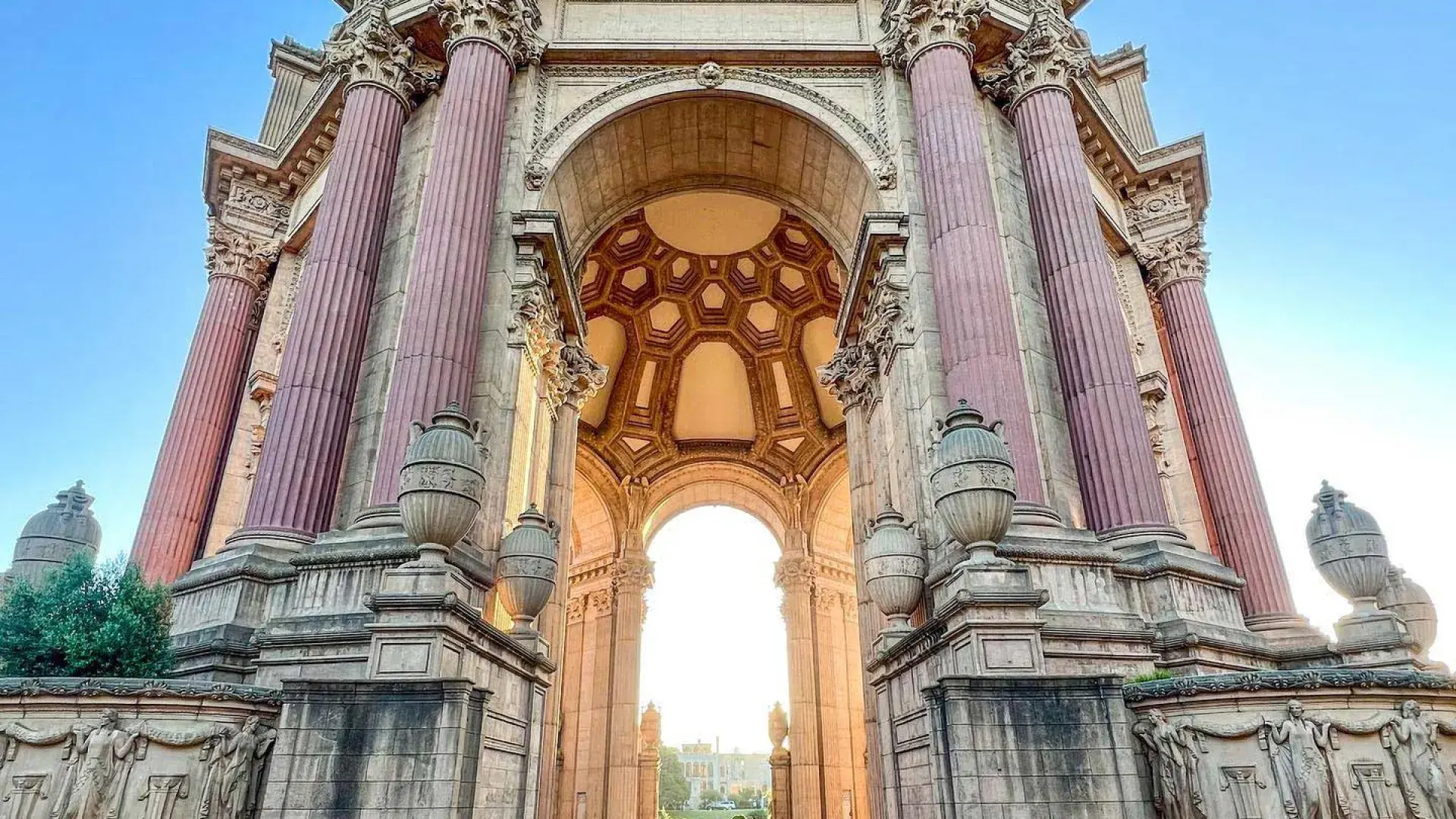 Close-up view of the Palace of Fine Arts looking up. 