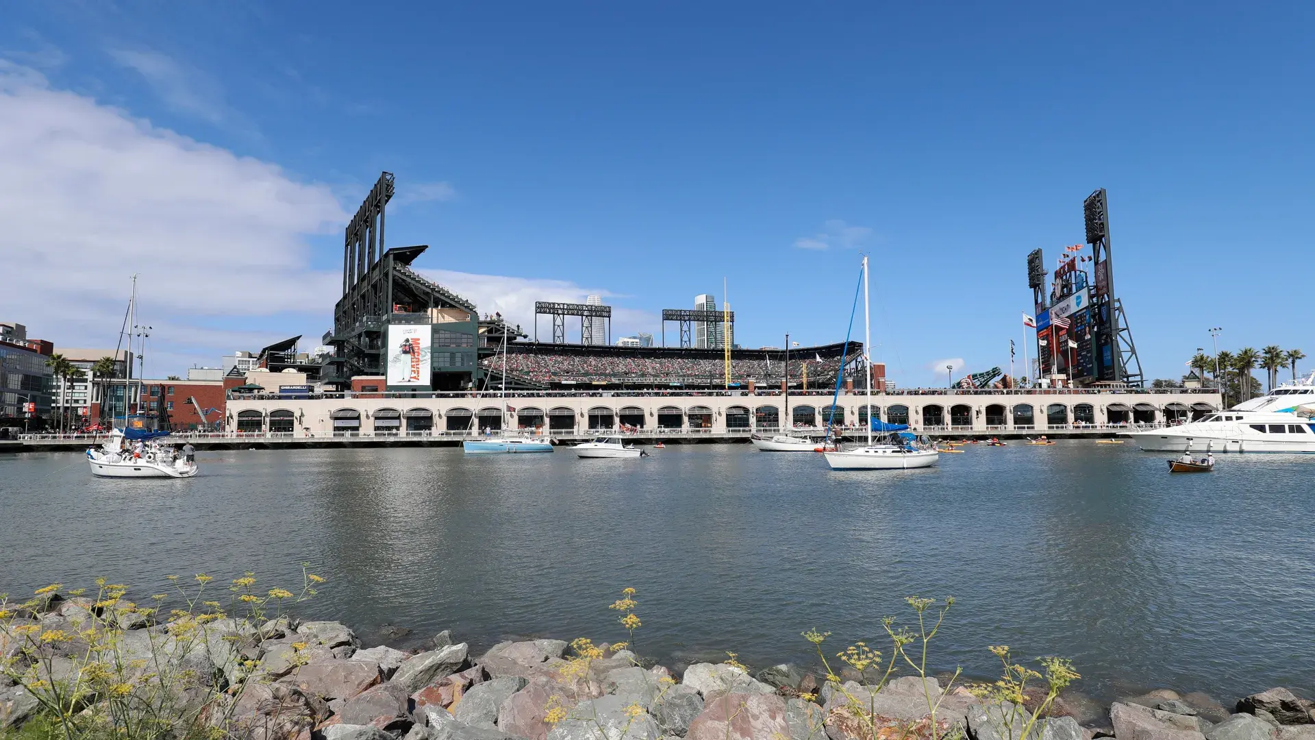 Boats in Mcovey park in the water outside the Giant's stadium on a sunny day