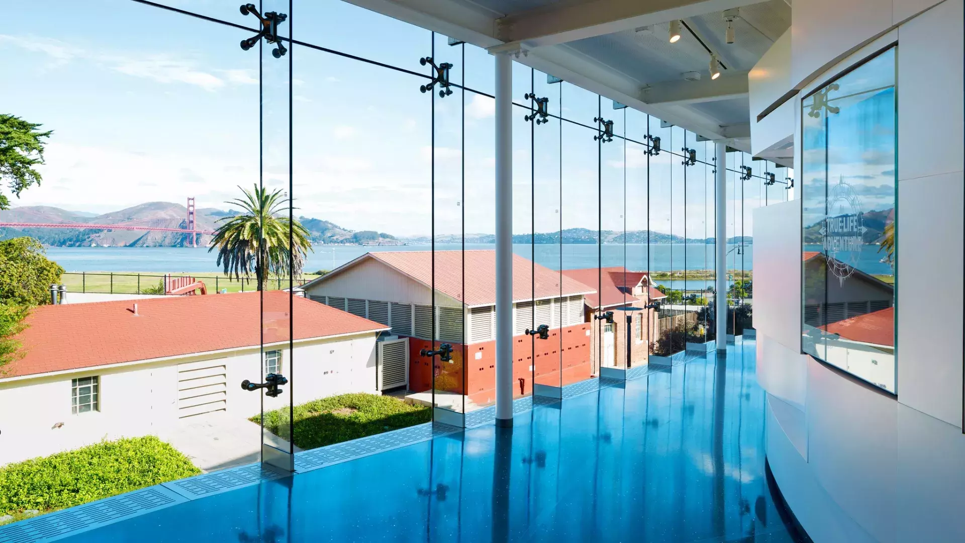 Glass walls revealing view of the Presidio at the Walt Disney Family Museum 