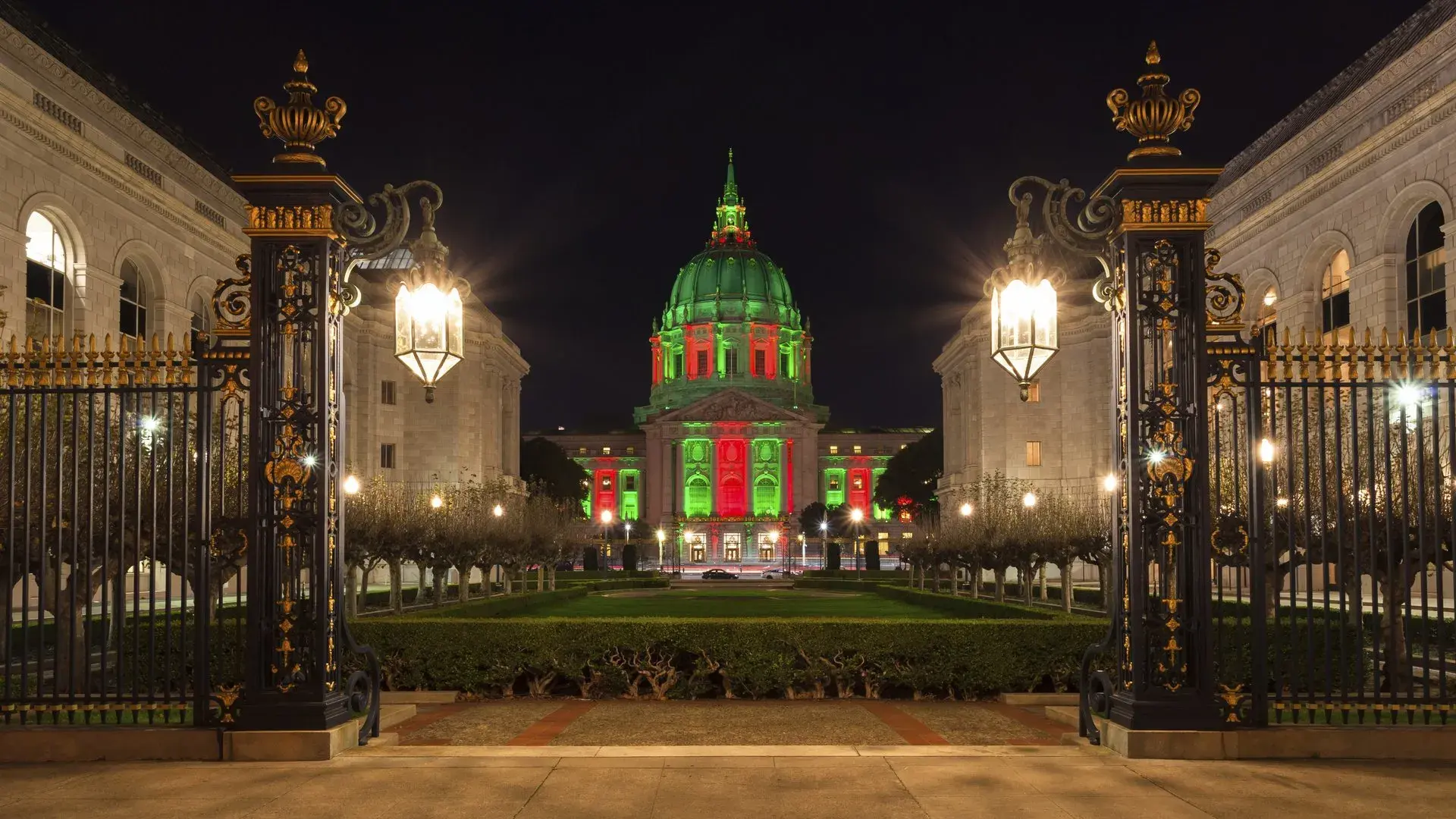 San Francisco City Hall lit for the holidays.