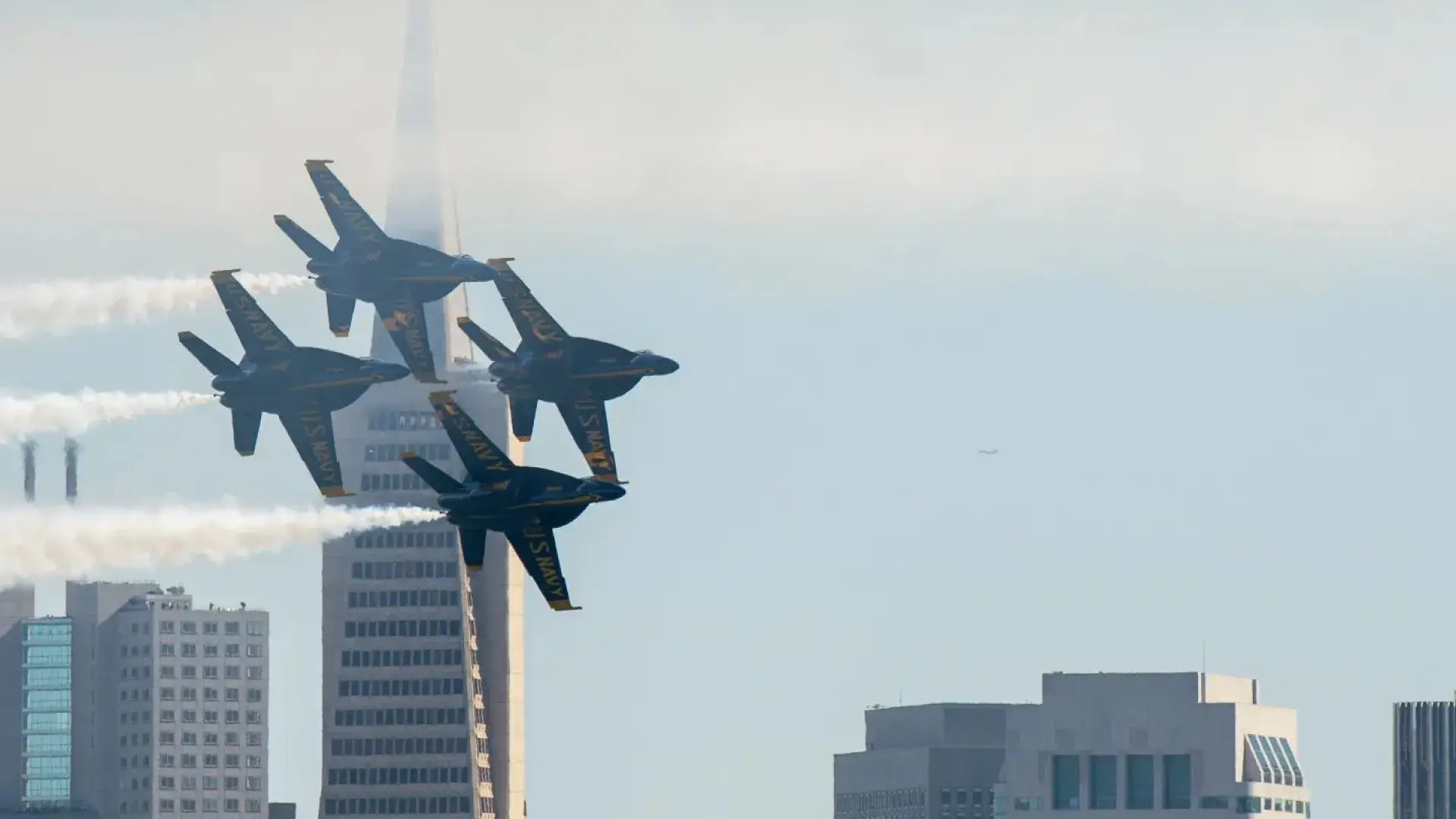 Blue Angel planes flying by the Trans America Pyramid