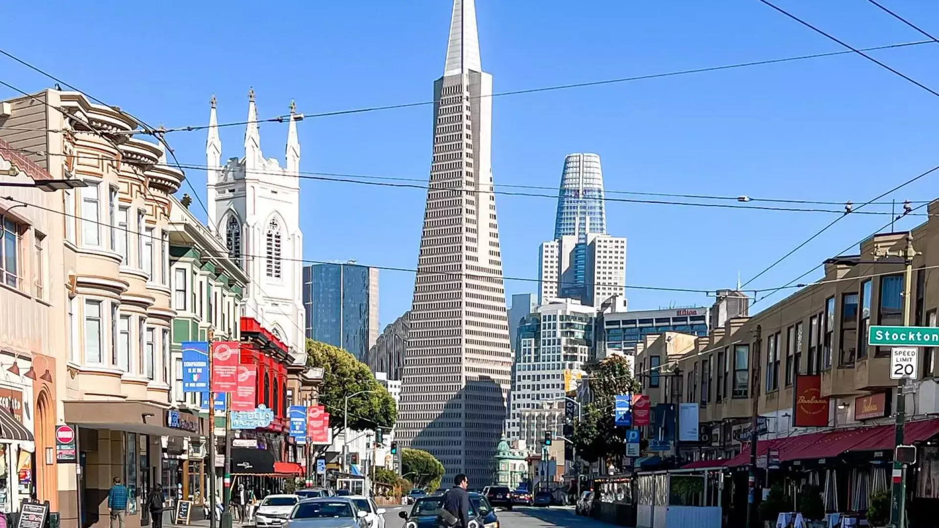 The Transamerica Pyramid stands over Chinatown, North Beach, and Jackson Square.