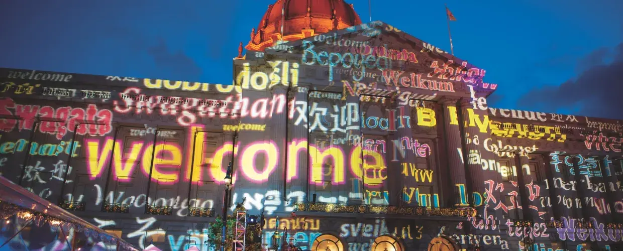 City Hall illuminated for a welcome reception.