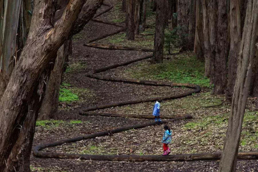 Two children walk along a winding path in the Presidio of San Francisco.