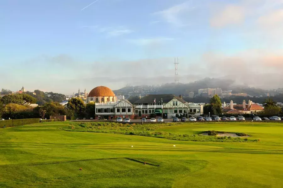 The greens of the Presidio Golf Course shine on a sunny San Francisco day.