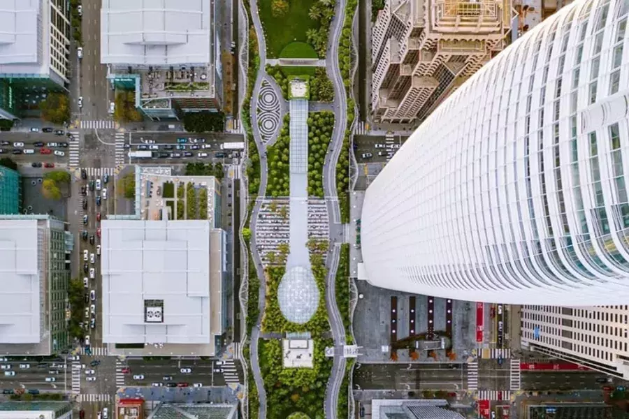 An aerial view of San Francisco's Salesforce Park.