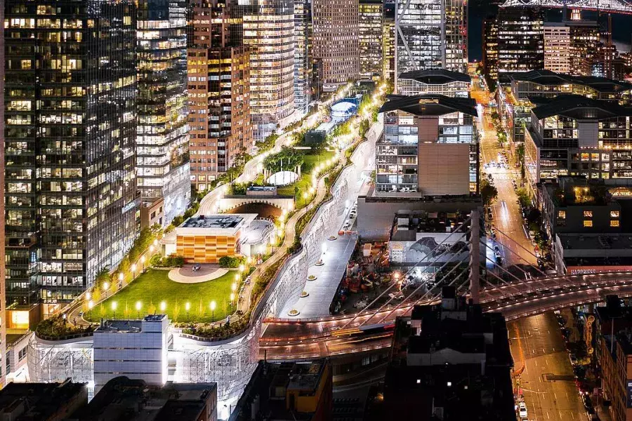 San Francisco's Salesforce Park lit up at night.