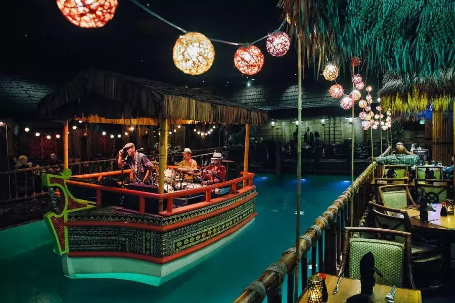 The house band plays in the lagoon of the world-famous Tonga Room at San Francisco's Fairmont Hotel.