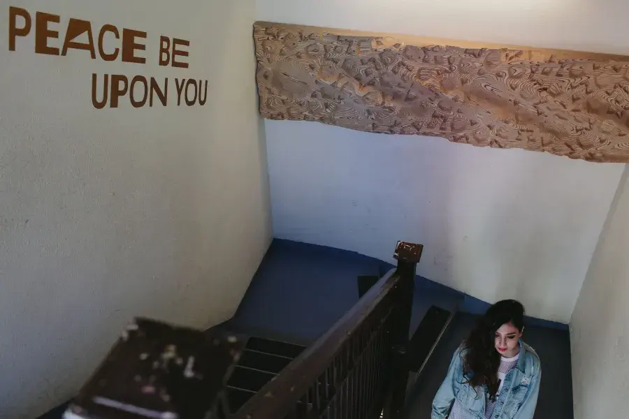 Ayman Nadeem walking downstairs