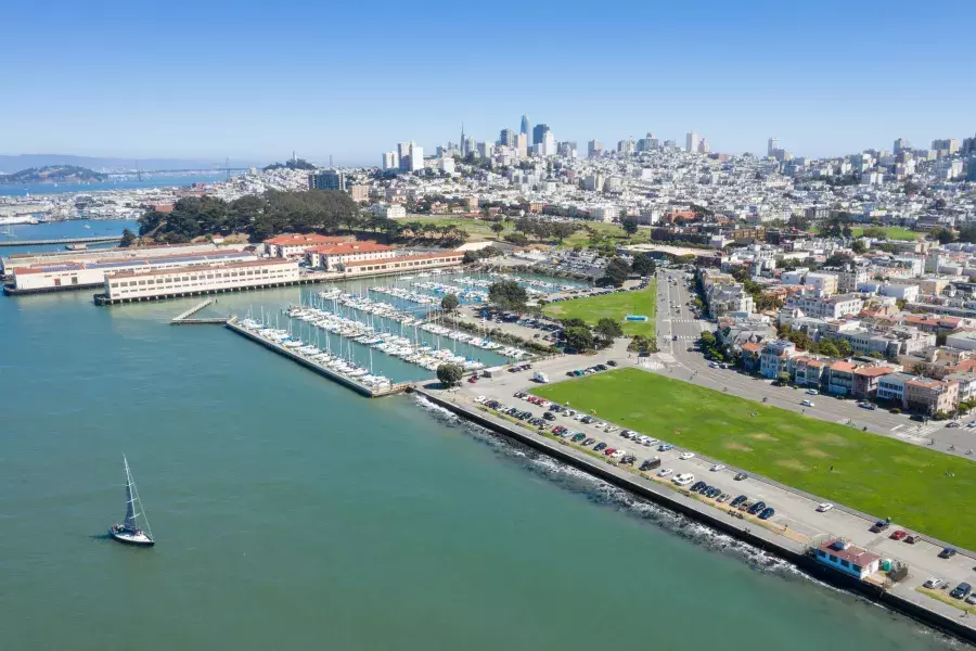 Aerial of Fort Mason with the San Francisco skyline in the distance.