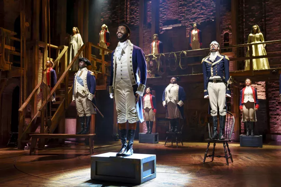 The national touring cast of "Hamilton" performs on stage at San Francisco's Orpheum Theatre.