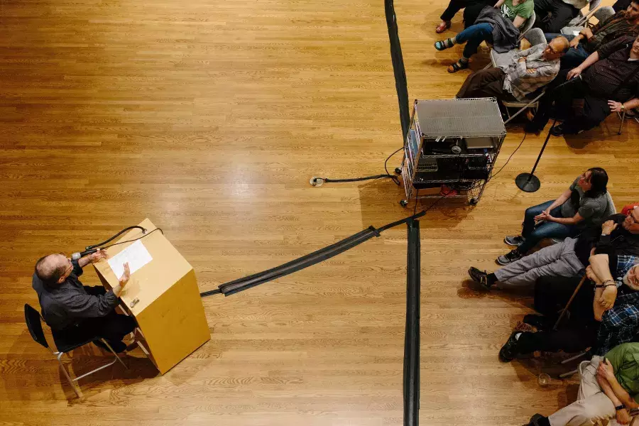 Overhead shot of Dennis McNally giving a talk