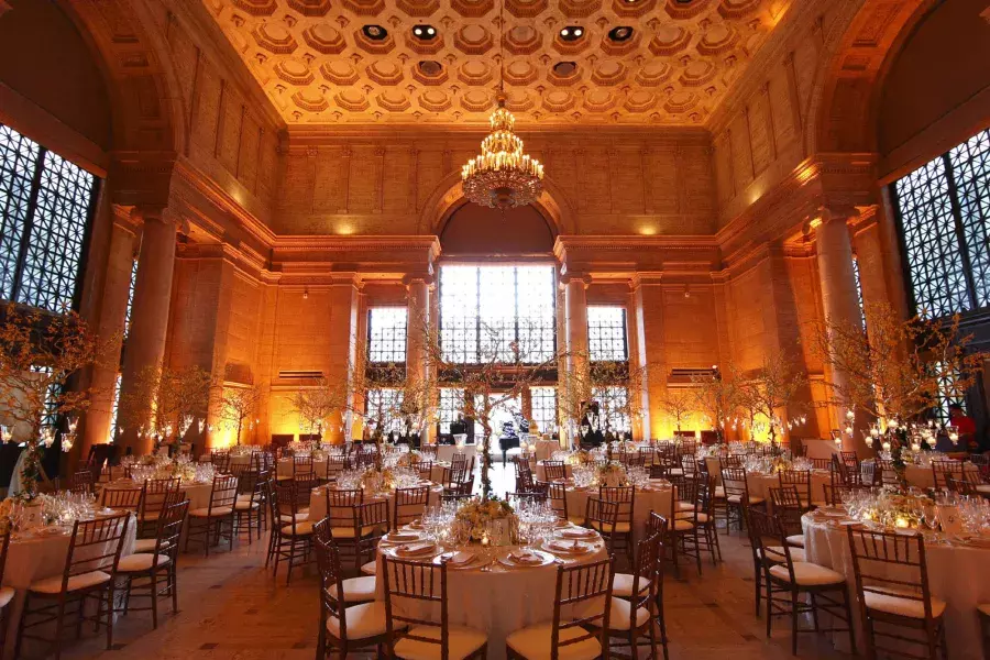 Interior of an ornate room at the Asian Art Museum, set up for an event. San Francisco, California.