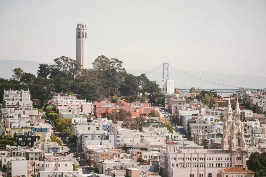 샌프란시스코의 코이트 타워(Coit Tower)는 배경에 베이 브리지(Bay Bridge)가 있고 전경에 집들로 뒤덮인 언덕이 있는 사진입니다.