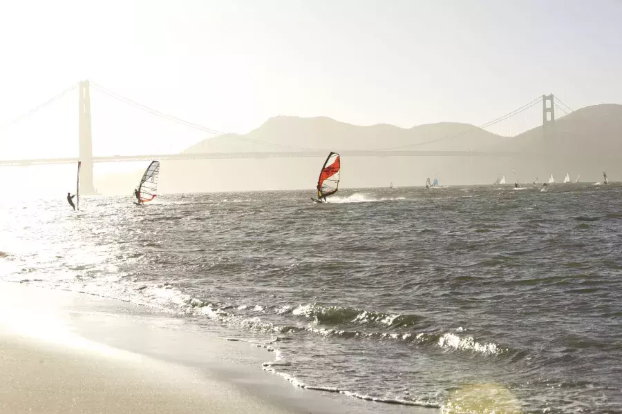 Windsurfers in the San Francisco Bay just off Crissy Field.