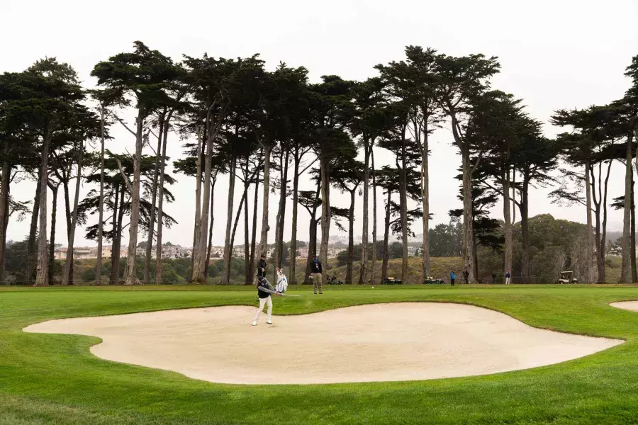 Golfers in a sandtrap at TPC Harding Park golf course in San Francisco, California.