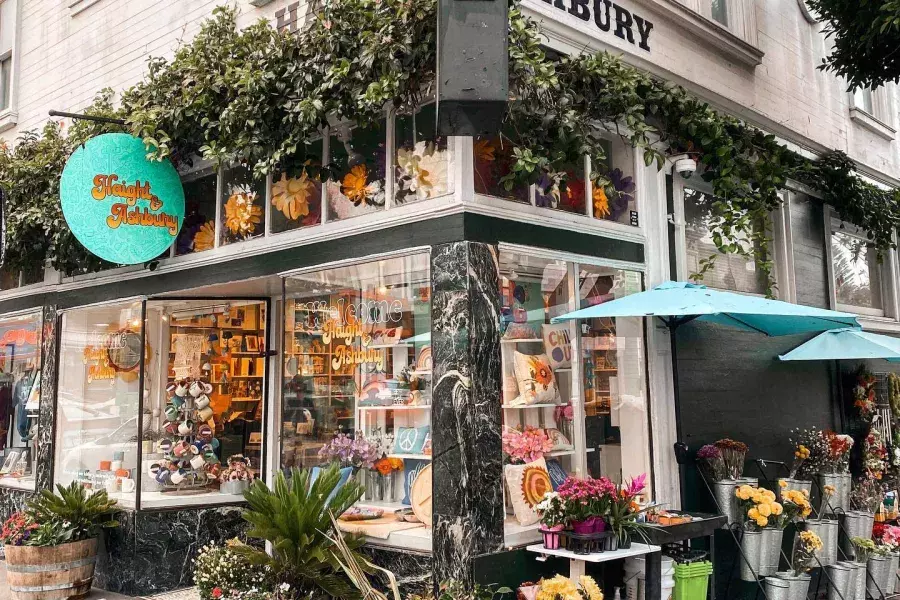 A corner storefront in Haight-Ashbury with items on display.