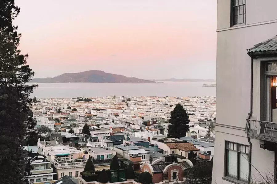 View of the San Francisco Bay from atop a steep hill in the Marina / Pacific Heights neighborhood.