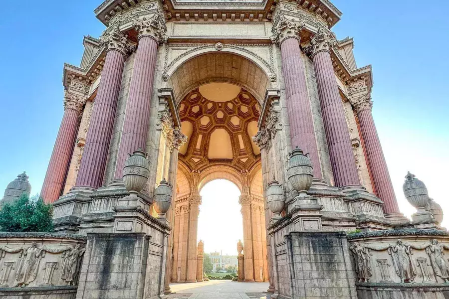 Close-up view of the Palace of Fine Arts looking up. 