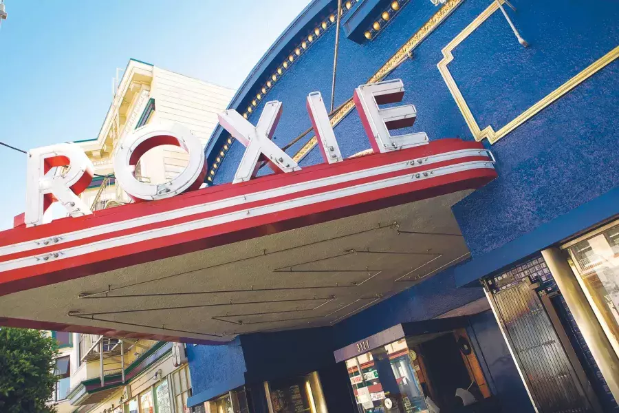 Close-up view of the marquee of the Roxie Theater in the Mission District, San Francisco, CA.