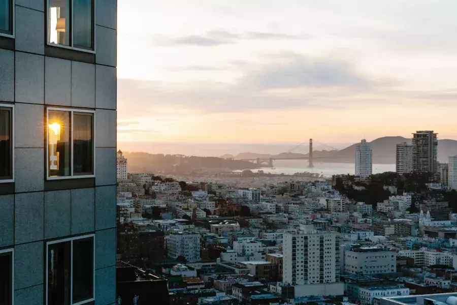 The San Francisco city skyline is seen from the Four Seasons Hotel San Francisco At Embarcadero.