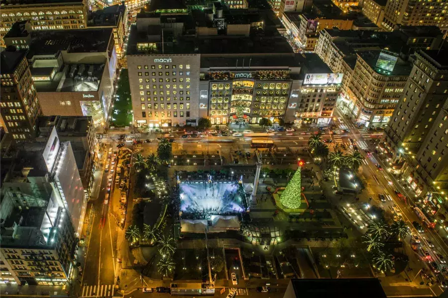 Aerial view of Union Square decorated for the holidays. San Francisco, California.