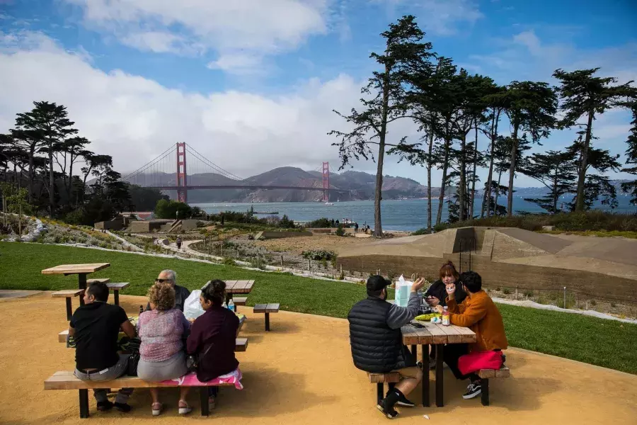 People having a picnic in the Presidio. 