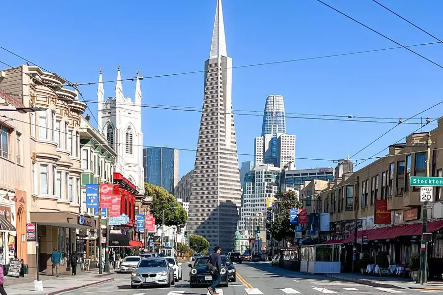 The Transamerica Pyramid stands over Chinatown, North Beach, and Jackson Square.