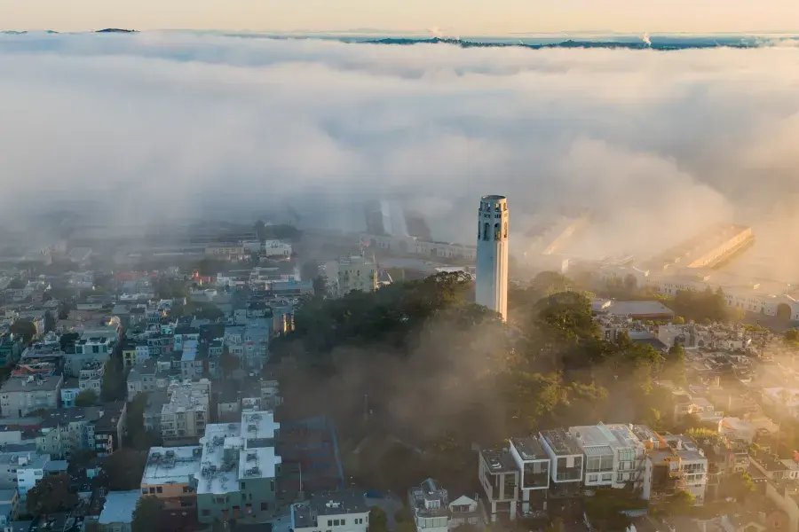 Coit Tower stands out in the fog.