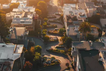 Aerial of Lombard Street at dusk