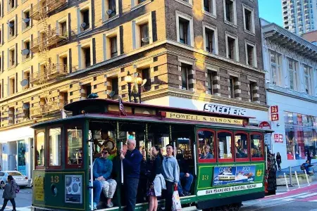 Cable car coming down Powell Street in Union Square