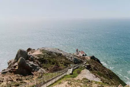 Aerial view of Point Reyes Lighthouse in Marin County, California.