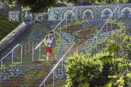 リンカーンパークのカラフルなタイルの階段に立つカップルを斜めから撮影した写真
