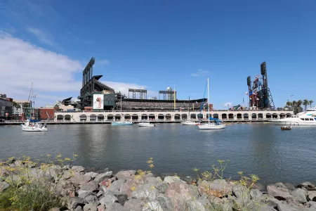 Boats in Mcovey park in the water outside the Giant's stadium on a sunny day