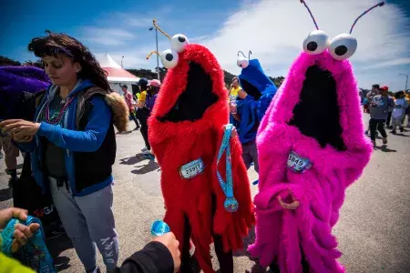 Image of two people in fuzzy costumes  with race numbers for Bay to Breakers