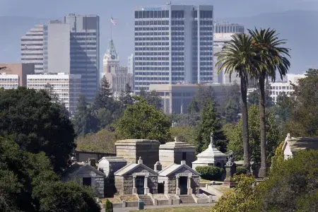 Mountain View cemetery with Downtown Oakland in the background. 