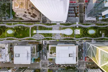 Overhead view of salesforce park and surrounding buildings