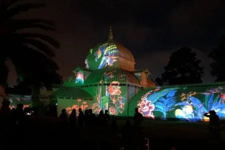 The Conservatory of Flowers illuminated at night