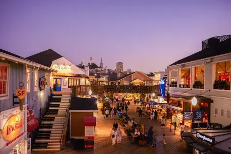 The shops at PIER 39 on a clear San Francisco evening.